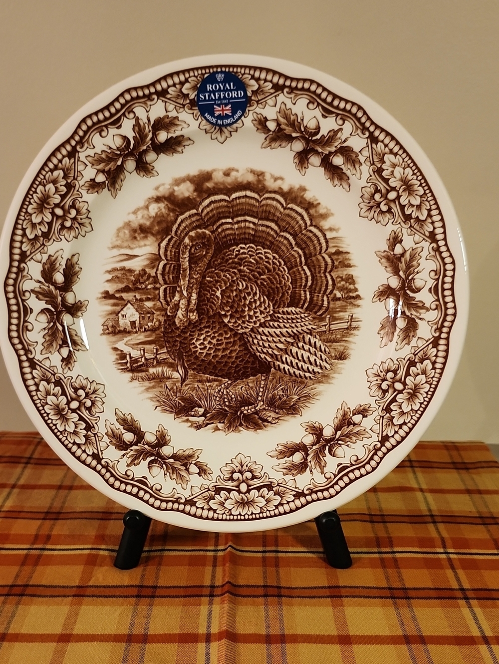 Royal Stafford Brown Turkey Dinner Plate with Acorn And Floral Border Set Of 4
